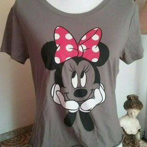 Disney L Women's Minnie Mouse Gray White Red Bow T-shirt Large Ladies Top